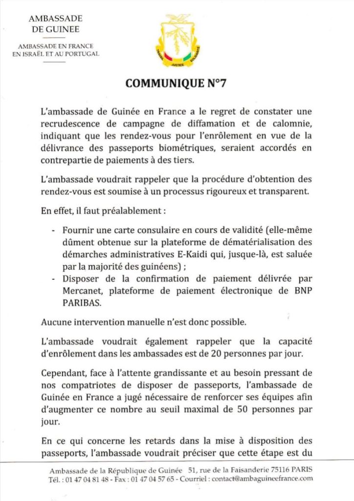 Communiqué de l’Ambassade de Guinée en